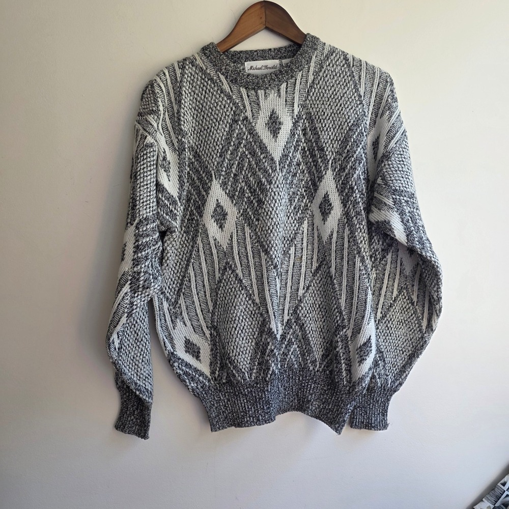 Michael Gerald Vintage 3D Knit Sweater Mens Large Gray Geometric Biggie Cosby L